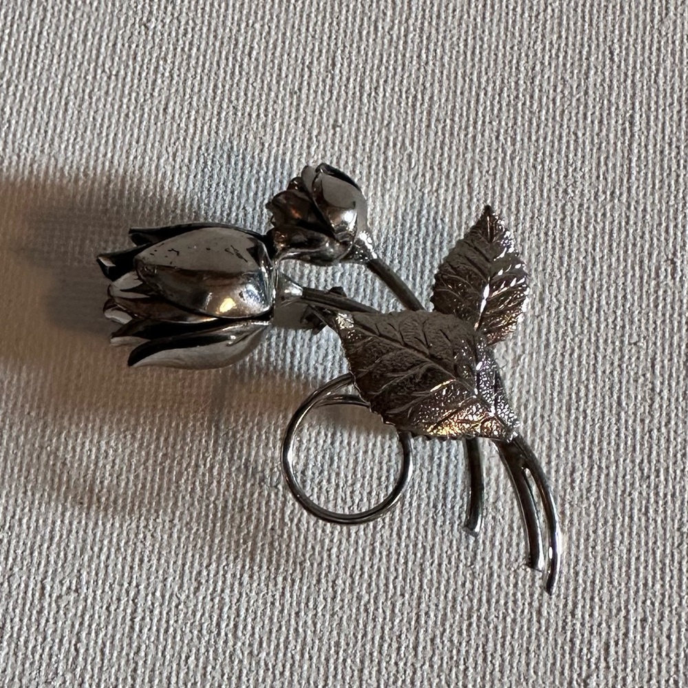 Vintage Silver Tone Rose Brooch